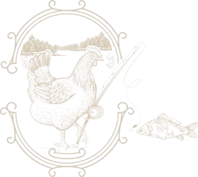 Engraved hen holding a fishing rod, with a fish on the line