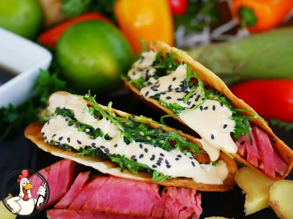 Ahi tuna tacos topped with greens, sesame seeds and a creamy sauce