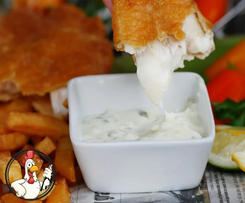 Beer-battered fish dipped in tartar sauce, fries and lemon alongside